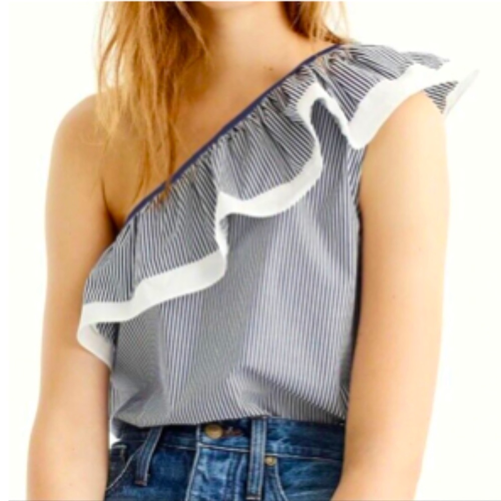 J. CREW Navy White Striped Ruffle One Shoulder Top Sz 8